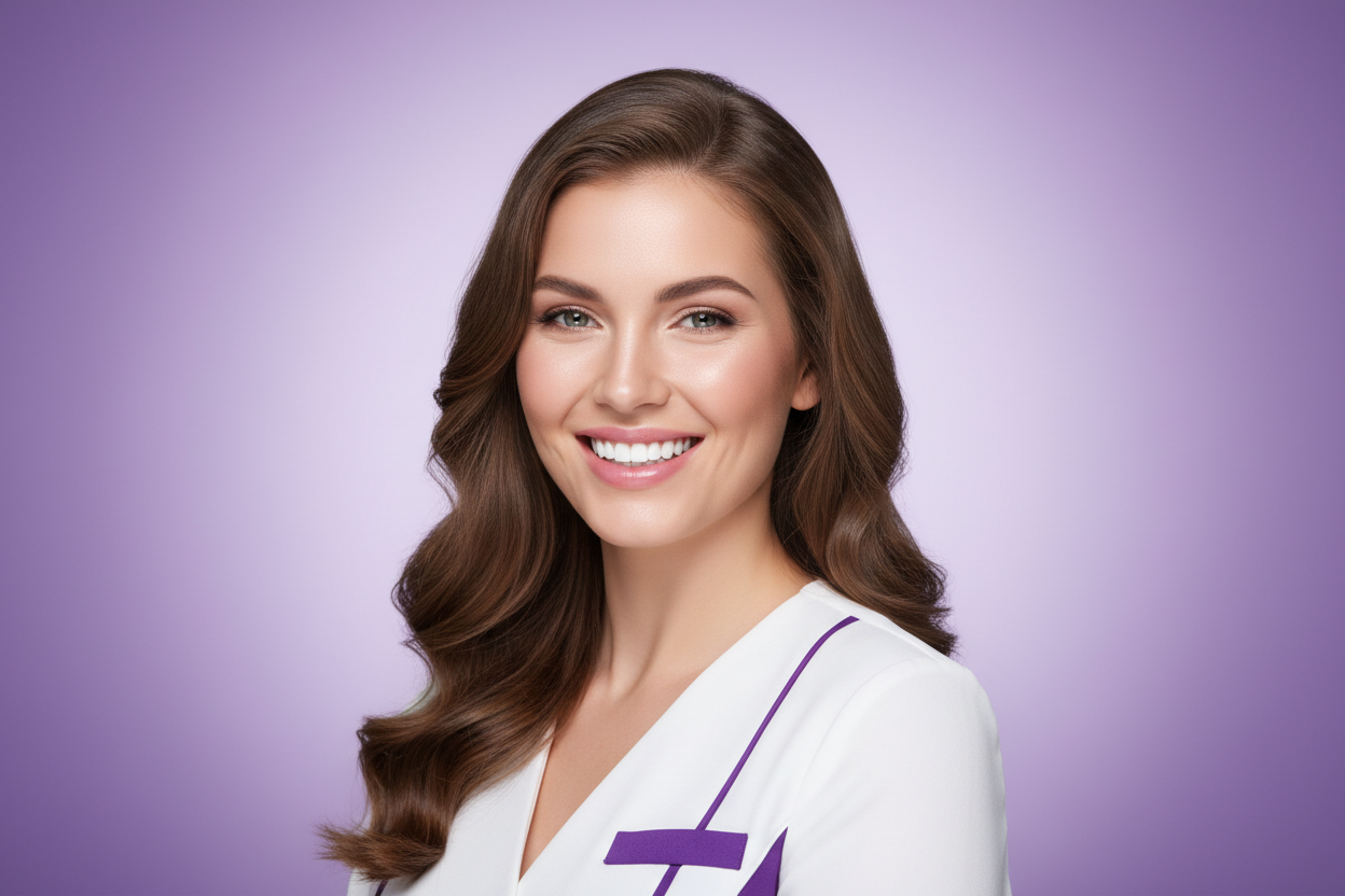 Hero - Femme sourire blanc ambiance violette